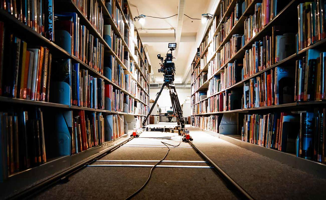A person on a ladder in the middle of a library.