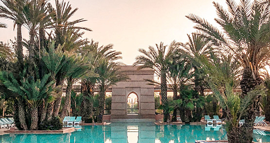 A pool with palm trees and a archway
